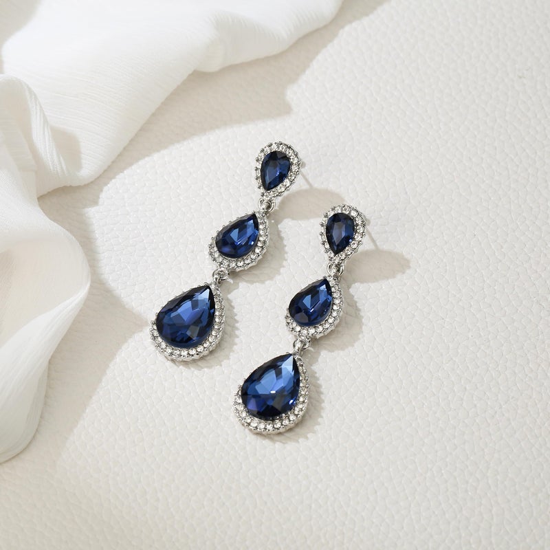 EleQueen Women's Silver-tone Crystal Tear Drop Pear Shape Long Dangle Earrings Royal Blue - Image 3
